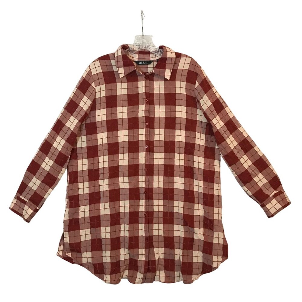 Ulla Popken Womens 16/18 Button-Up Long Sleeve Tunic Shirt Rust & Beige Plaid
